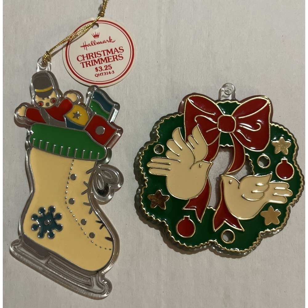 Hallmark 1981 Christmas Trimmers Acrylic Vintage Ornaments, Ice Skate, Wreath